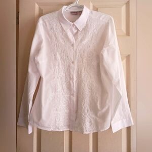 Chico's White 100 Percent Cotton Embroidery Button-Up Blouse